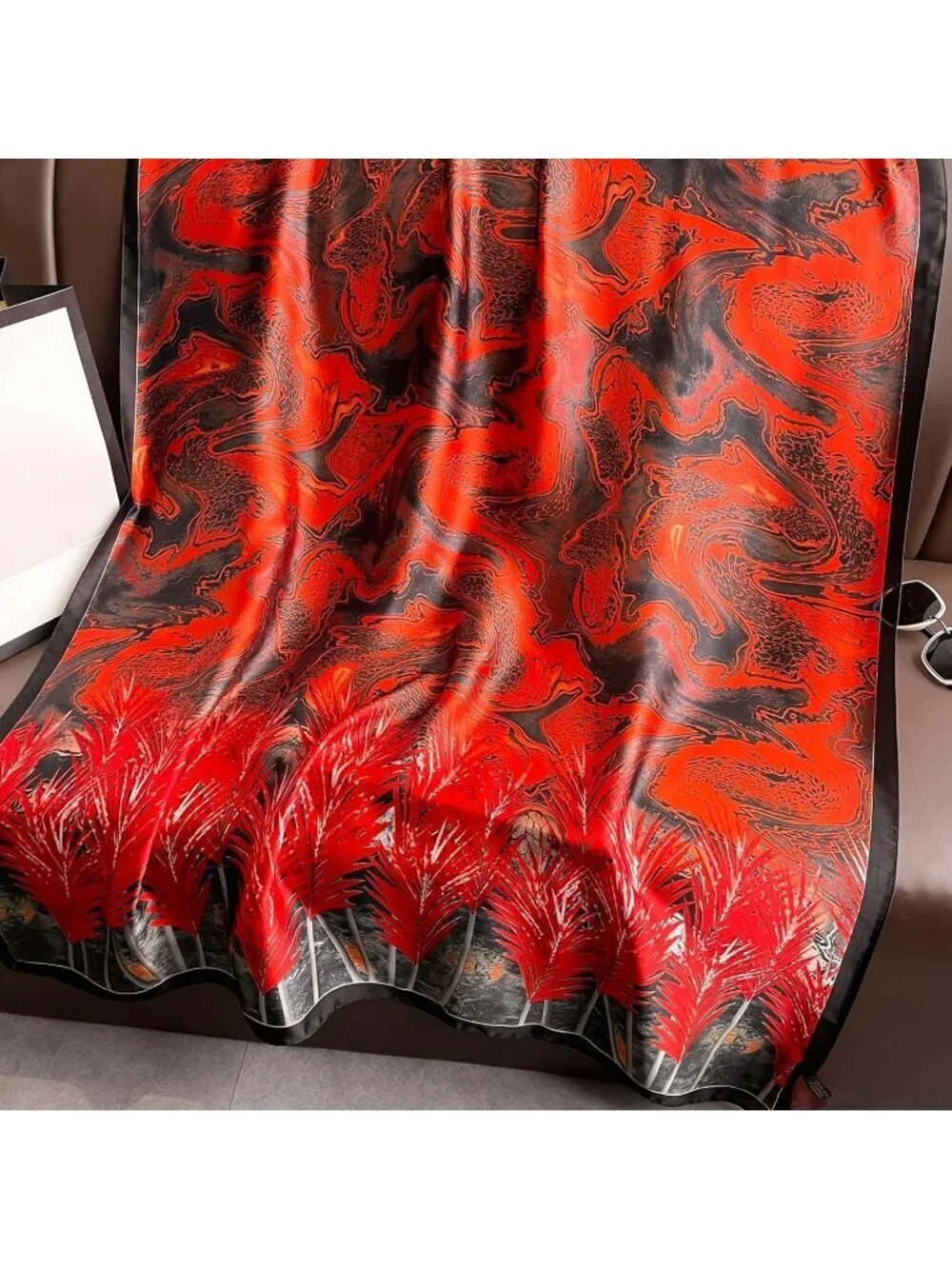 Women's Orange Black Light Silk Like Scarves Flower Print Head Cotton Wrap Scarf